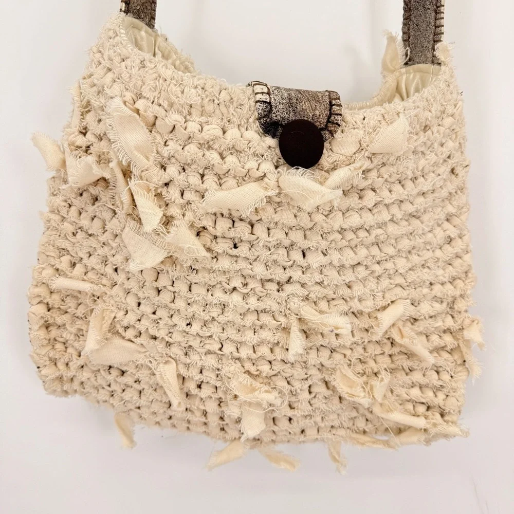 Handmade Boho Crochet Crossbody Bag Leather Trim‎ Satin Lined Neutral Rustic - Picture 4 of 15